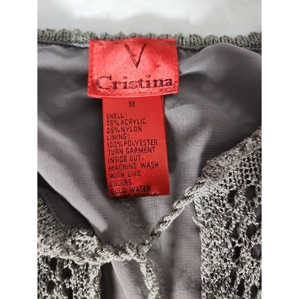 Christina V Women's Medium Crochet‎ Sweater Long Sleeve Gray Toole Trim Boho EUC - Picture 3 of 13